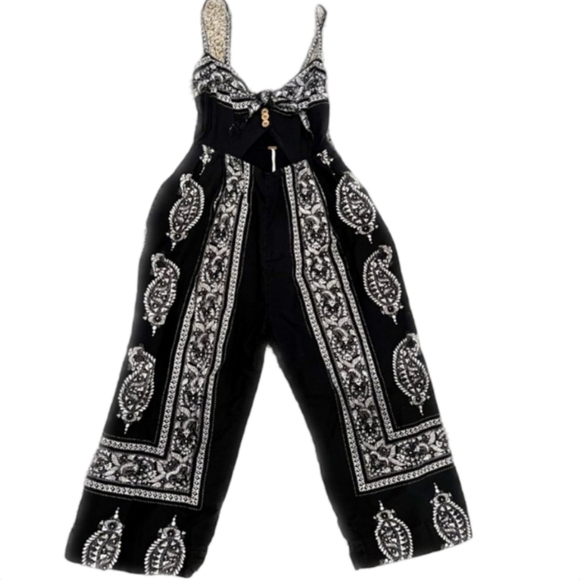 Free People Feel the Sun Black Bandana Paisley Cutout Cropped Jumpsuit Linen - Picture 11 of 14